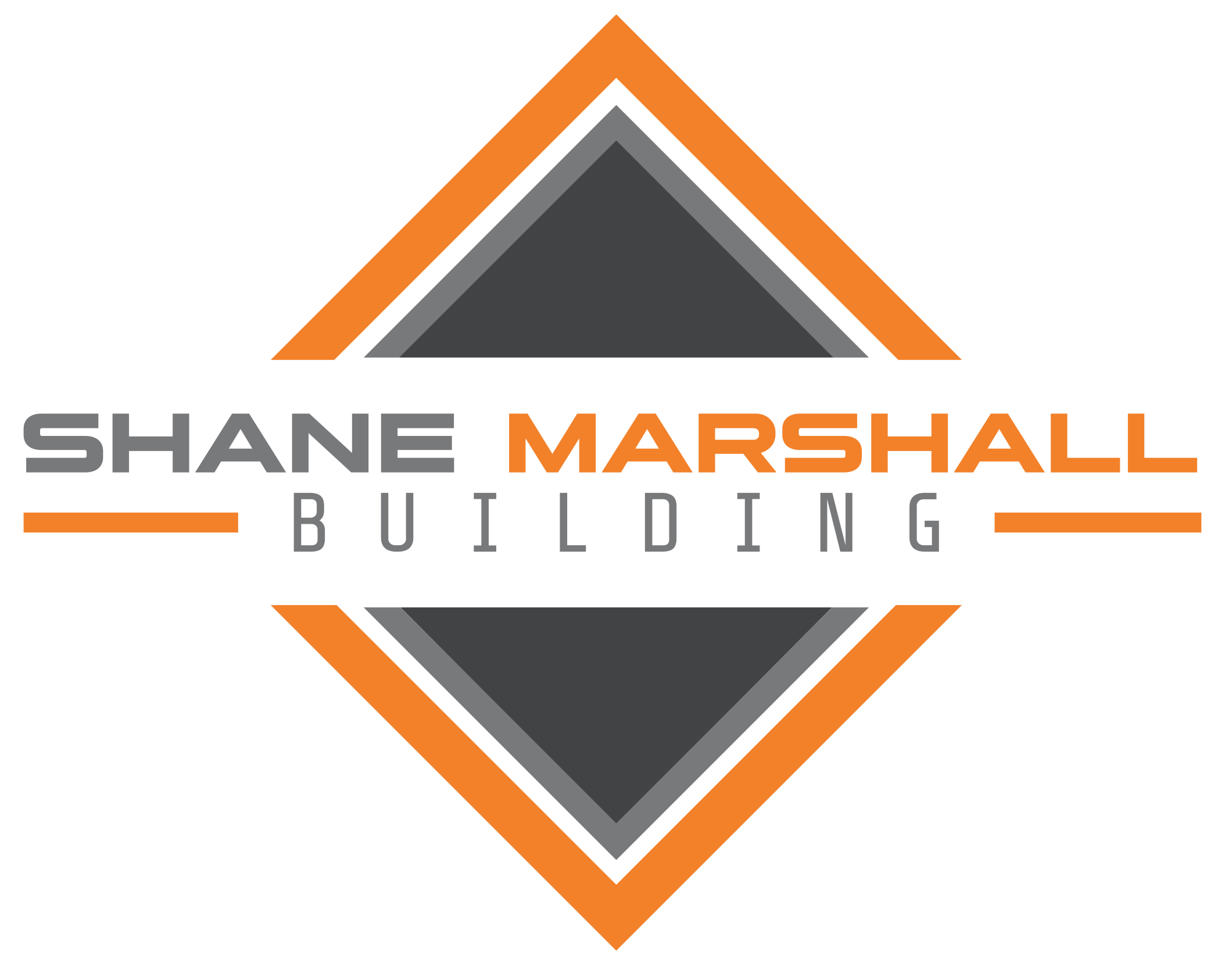 Shane Marshall Building logo featuring an orange diamond frame around a dark gray diamond and gray text.